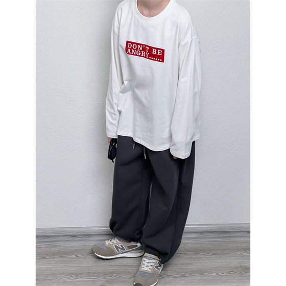 Tongtong Mom Customized Boys and Girls Soft and Comfort Korean Version Loose White Don't Angry Retro Long Sleeve T-shirt Autumn Clothes

