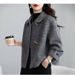 
Korean style fashion double-sided wool coat short 2025 autumn and winter double-sided velvet coat solid color horn button bat sleeves
