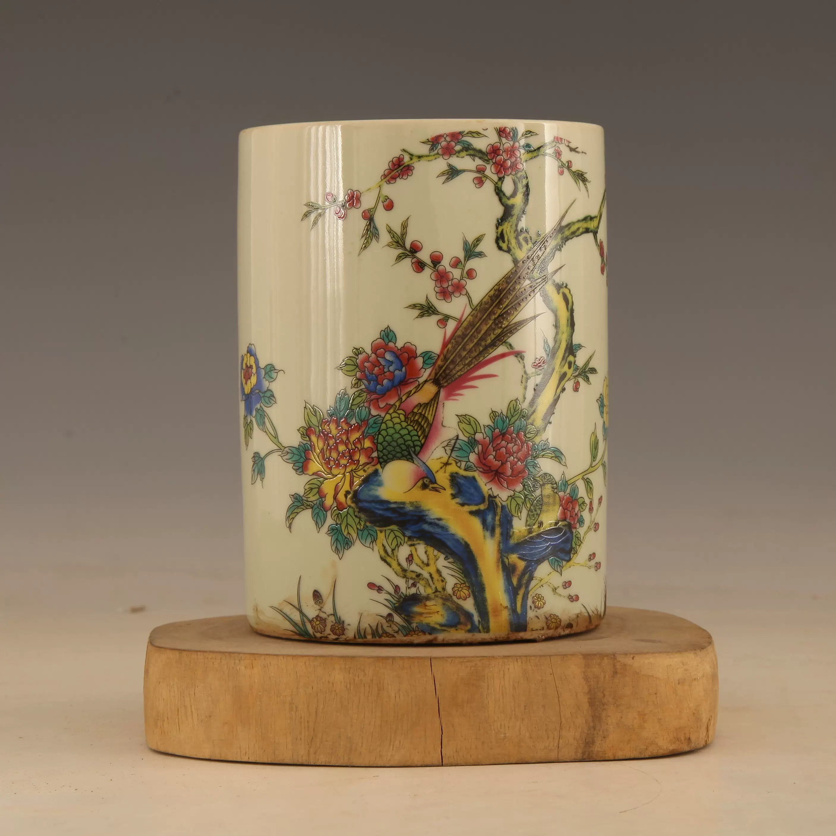 仿古瓷器同治年制粉彩花鸟纹笔筒仿瓷器古玩库存老物件收藏