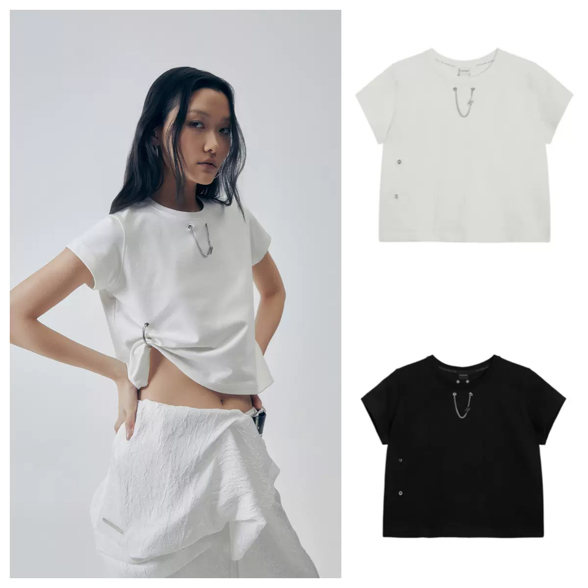 韓国商品/TREEMINGBIRD Overlay Tie Detail T-Shirt 韩国直邮TREEMINGBIRD小众设计Overlay Tie Detail T-Shirt短袖