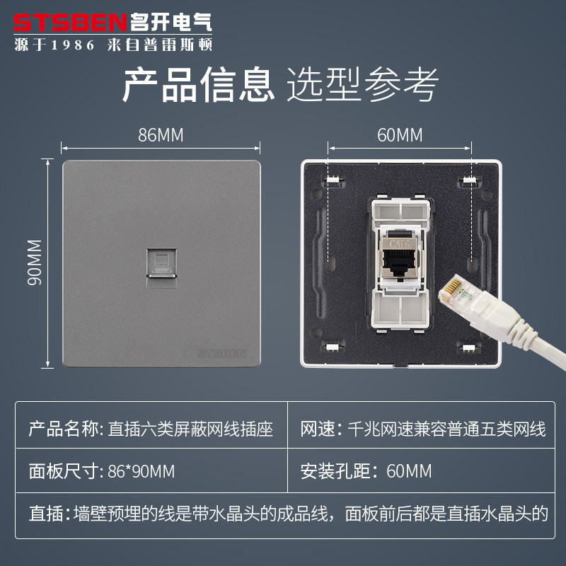 Stsben Type 86 Gigabit Network Panel - Silver, Shielded Cat6 Socket