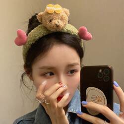 Korean Imitation Lamb Wool Bear Face Wash Headband for Women Cute Super Cute Cartoon Funny Outing Headband Non-Slip K-Style