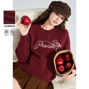 
Tangshi spring and summer new sweater women's red round neck pullover American retro atmosphere wear women's short sweater