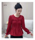 Spring round neck shirt versatile and fashionable slim fit and slim bottoming ruffle elastic elastic puff sleeve flared sleeve top