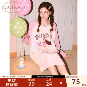 
Gukoo/fruit shell nightgown round neck long sleeve boom puppy home clothes nightgown loose and breathable for outside wear