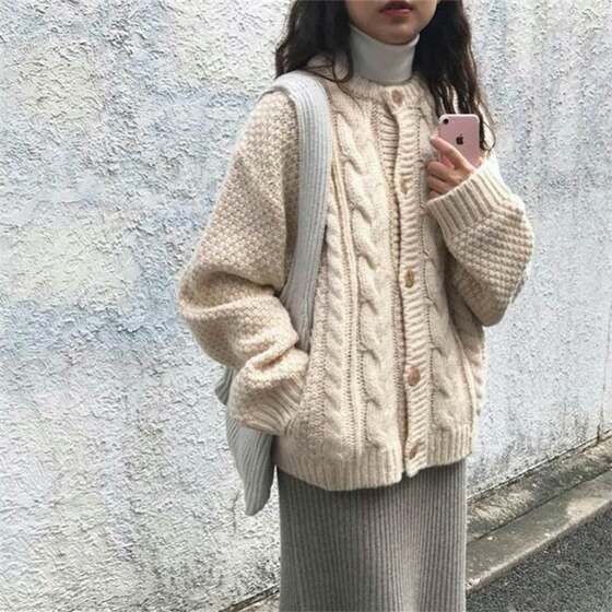 
Versatile thickened knitted long-sleeved cardigan coat for women, trendy spring and autumn new loose lazy style sweater for female students