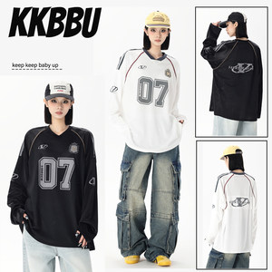 
KKBBU American retro mesh jersey letters doodle print long-sleeved T-shirt men and women street loose casual tops