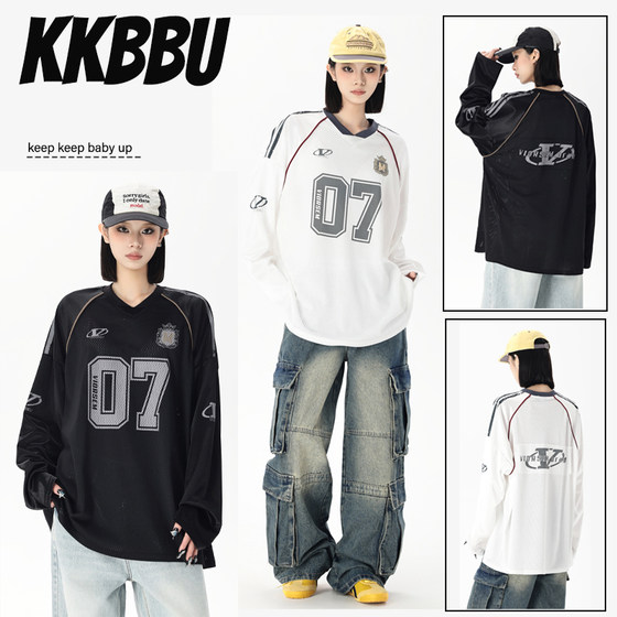 
KKBBU American retro mesh jersey letters doodle print long-sleeved T-shirt men and women street loose casual tops