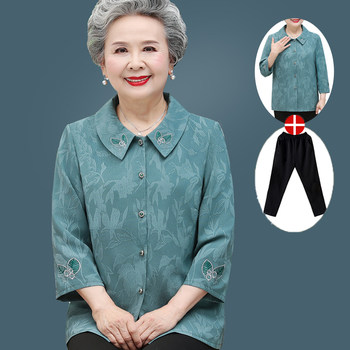 Elderly mid-sleeve lapel cotton and linen shirt suit summer wear