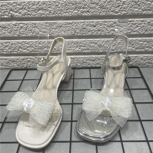 Disconnected code processing transparent French summer wear crystal thick heel with skirt fairy style bow mid-heel sandals for women