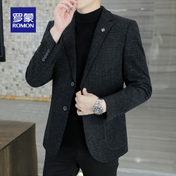 Romon Men's Thickened Casual Blazer for Autumn and Winter, Business Single-Breasted Suit for Middle-Aged Dads, Woolen Short Suit for Men