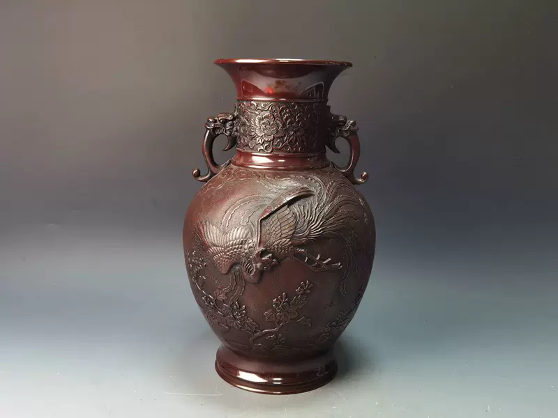 日本进口高岗铜器铜瓶复古凤凰纹大花瓶摆件复古客厅中式插花装饰-Taobao