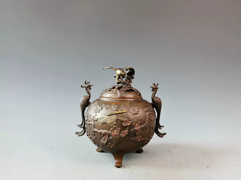 日本高冈纯铜香炉浮雕复古香道香插礼佛用家居装饰铜制香炉