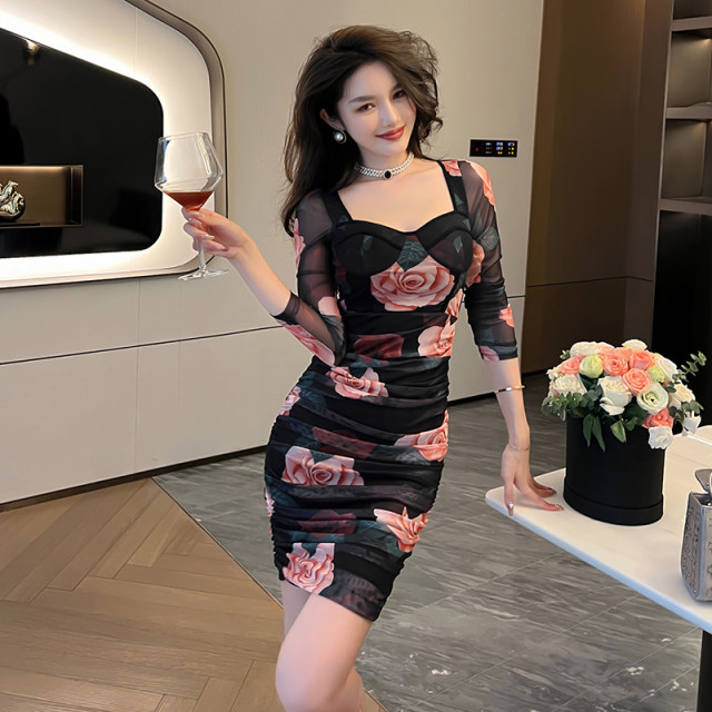 Retro Gentle Hip Hip Dress Women's Autumn Temperament Slim Square Neck ...