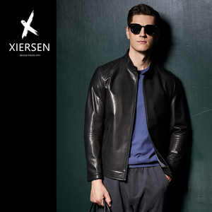 
Autumn and winter European station light luxury goatskin Haining genuine leather leather jacket for men standing collar fashion business casual jacket slim fit