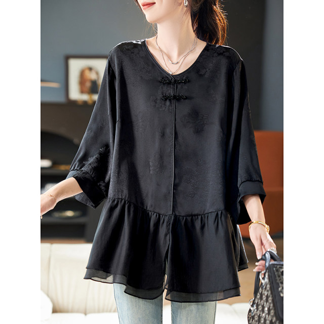 Baoshili round neck seven-quarter sleeve jacquard spliced ​​chiffon shirt 2025 spring temperament button casual fashionable shirt women