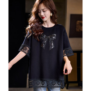 
Boucherie lace stitching beaded short-sleeved T-shirt 2026 summer style casual versatile loose large size women's clothing