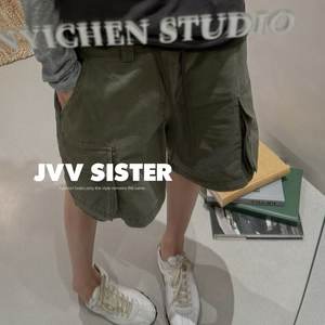 
JVVSISTER military green washed old workwear five-point denim shorts women's casual loose a-line wide-leg medium pants