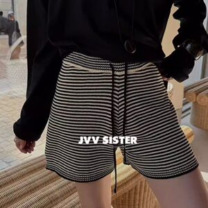 JVVSISTER2026 high quality wool fashion versatile drawstring solid color knitted striped shorts women's casual pants