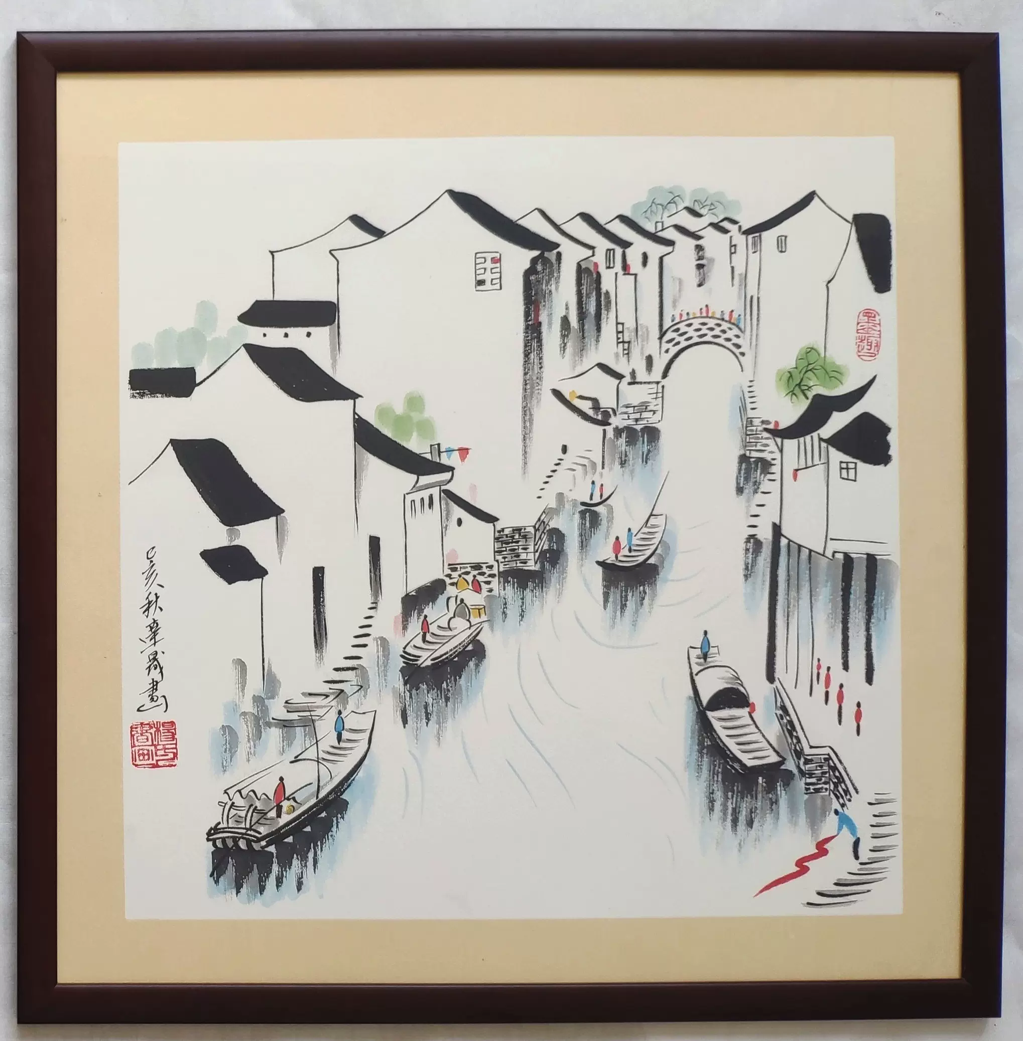纯手绘写意国画山水江南水乡水墨抽象画附实木框