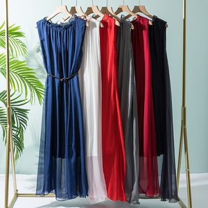 
Temperament Silk Dress 2026 Summer Boutique Women's Clothing Belted Waist Swing Skirt Loose Mulberry Silk Mid-length Skirt