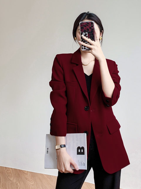 WANGTAITAI burgundy drooping small suit jacket for women Korean style ...