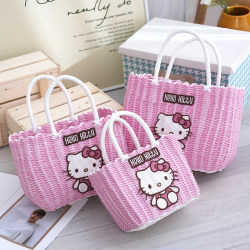 Hand-Woven Basket Handbag Colorful Cute Cartoon Large Capacity Hello Kitty Cat Gift Bag Shopping Basket