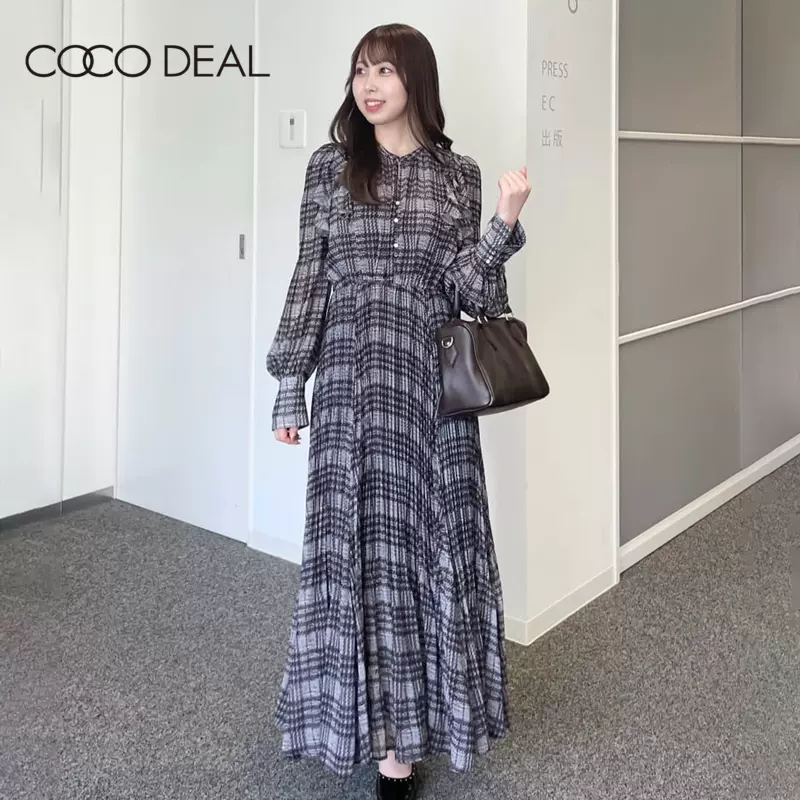 COCO DEAL 23冬季新款复古格纹荷叶边雪纺收腰长袖连衣裙73615310-Taobao