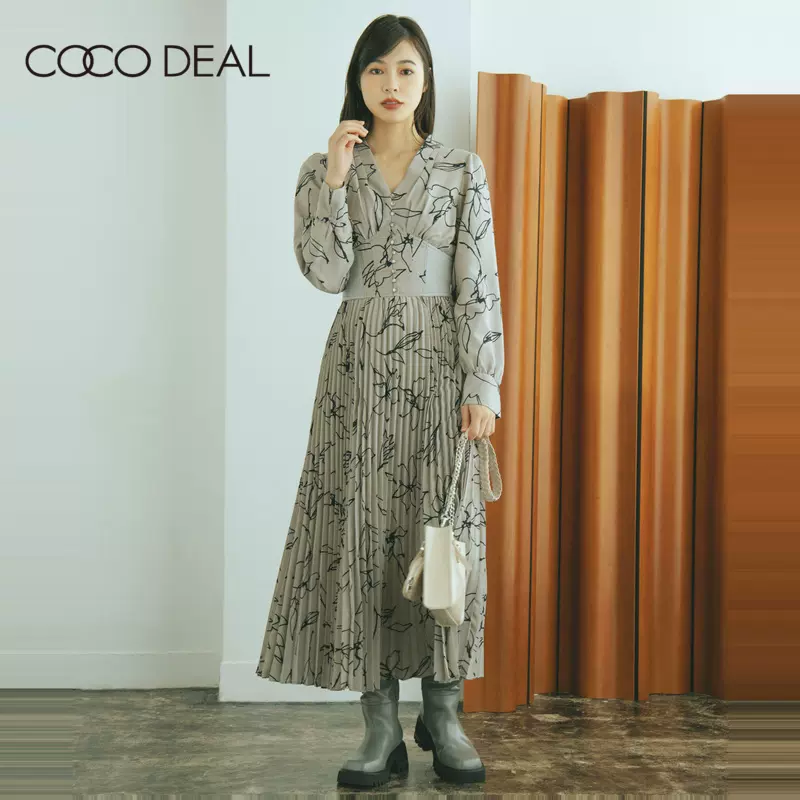 COCO DEAL 22冬季新款日系复古收腰百褶印花高腰连衣长裙72715348-Taobao