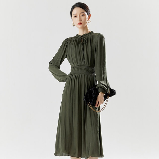 2025 spring new French polyester fiber elegant romantic pullover high waist solid color midi dress