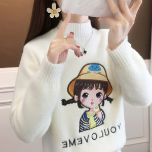 
2025 winter thickened half turtleneck student long-sleeved pullover soft sweater sweet cartoon college style girl's outfit