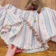 Rom2 sweet one-length off-shoulder style retro tassel gentle style pink vertical stripes flared sleeve doll shirt