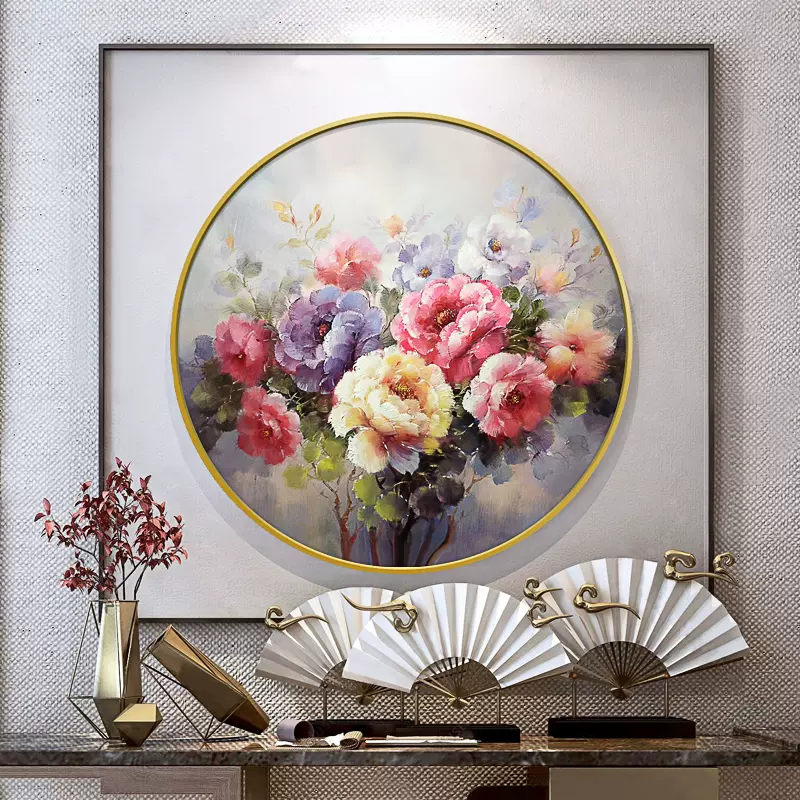 新中式油画现代简约圆形画手绘油画花卉客厅玄关装饰画牡丹