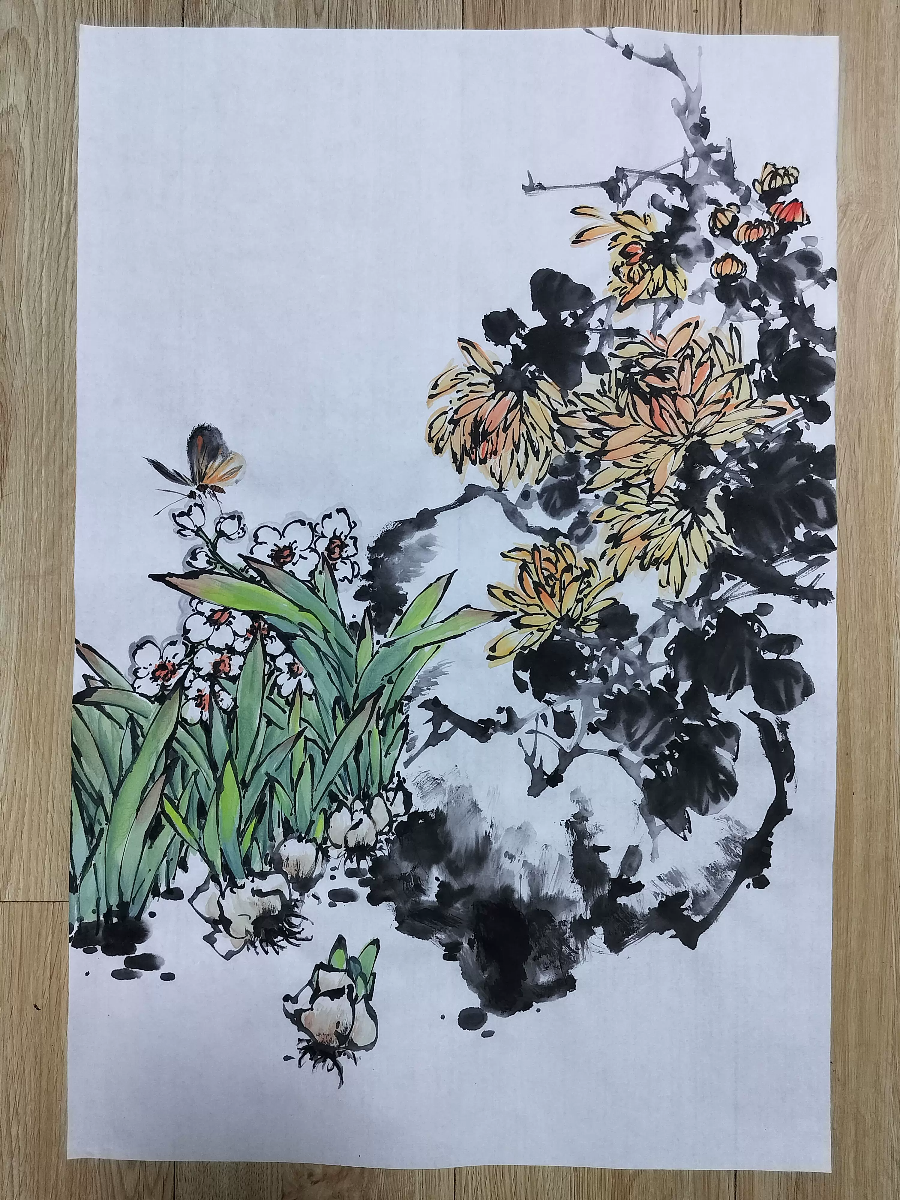 国画写意花鸟纯手绘水墨画紫藤宣纸画芯无款无框四尺整张