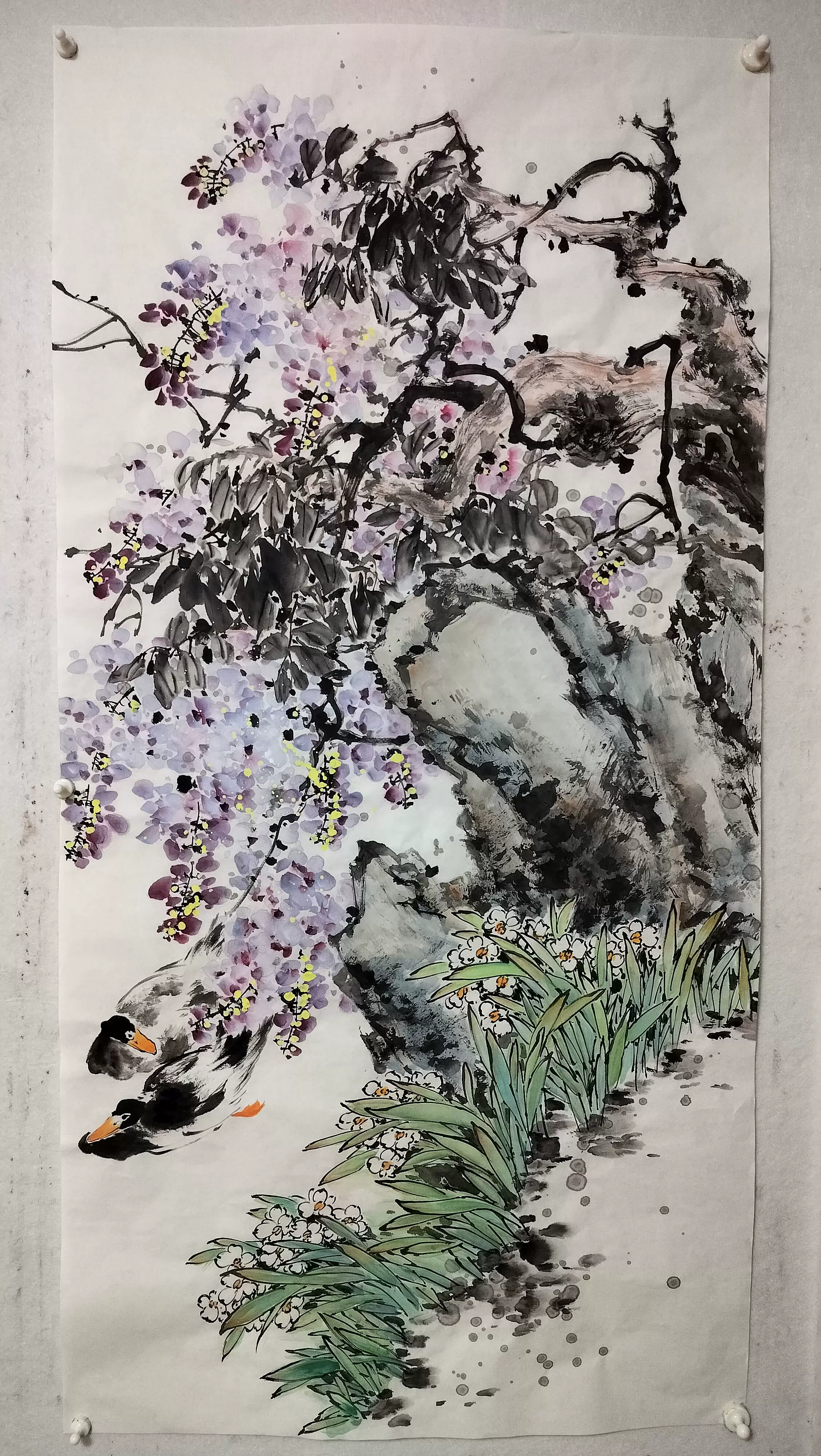 中国の花鳥画 「開到紫藤芳事盡」水墨画 肉筆画真跡保証あります R-10101 中国の花鳥画 「開到紫藤芳事盡」水墨画 肉筆画真跡保証あります