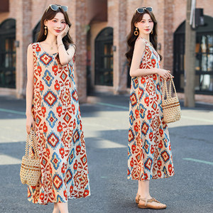 
2026 new sleeveless solid color cotton silk dress young mother summer vest dress slim vacation beach dress