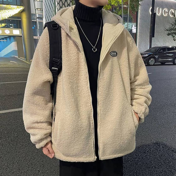 
25C8B5 Hong Kong style trendy loose reversible hooded cotton coat Korean style couple casual corduroy warm cotton coat