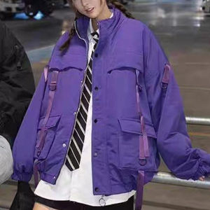 
26B2D2 Workwear Cotton Jacket Winter Design Streamer Stand Collar Cotton Clothes Hong Kong Style Loose Couple Purple Cotton Jacket