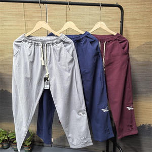 
26D2D2 Tang suit cotton and linen men's pants Chinese style loose linen casual carrot pants plate buckle embroidered lantern harem pants