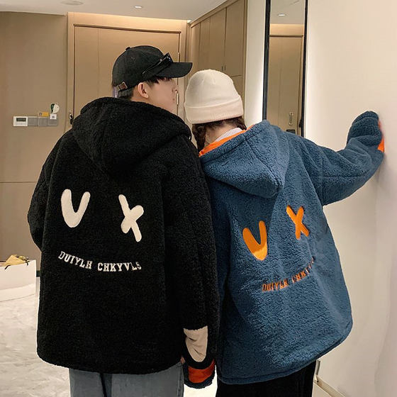 YK03 Autumn and Winter New Both sides wearing imitation lamb plug cotton jackets Port, wind trend, loose hooded hooded couple dress
