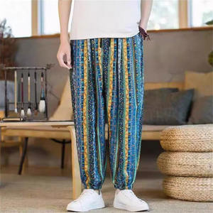 
26C4A2 Chinese style spring and summer printed cotton and linen ankle-length trousers ethnic style loose large size lantern harem pants