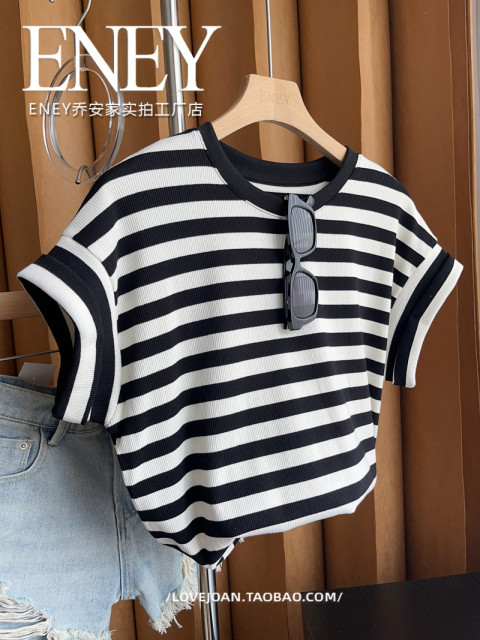 Contrast color striped short-sleeved T-shirt for women 2024 summer new ...