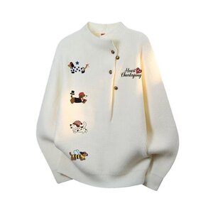 
Winter heavyweight 880g thickened personalized puppy print sweater for men, versatile casual couple warm sweater top