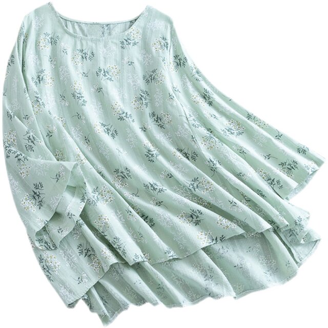 Plus Size Flower Prints Long Sleeve Spring Women Linen T-Shirt M-2XL