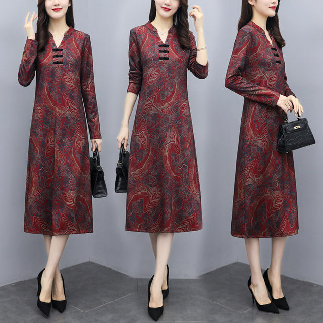 Middle-aged mother's wear spring and autumn cheongsam improved version dress temperament slimming over the knee long skirt age-reducing body-covering bottoming skirt