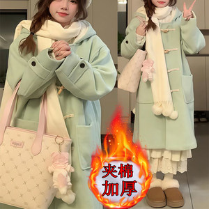 
Cotton Korean style mint green hooded horn button woolen coat winter small medium length thick woolen coat