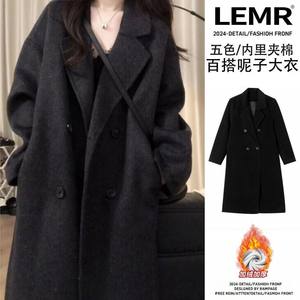 
Cotton black Hepburn style mid-length woolen coat for women in autumn and winter thickened small high-end woolen coat