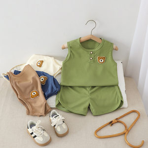 
Children's vest set baby summer sleeveless T-shirt shorts two-piece set for boys and girls waffle sports and leisure