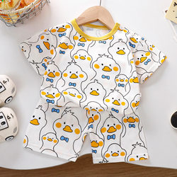 Children's short-sleeved suit pure cotton Korean style boy cartoon T-shirt top shorts thin girl summer clothes baby baby