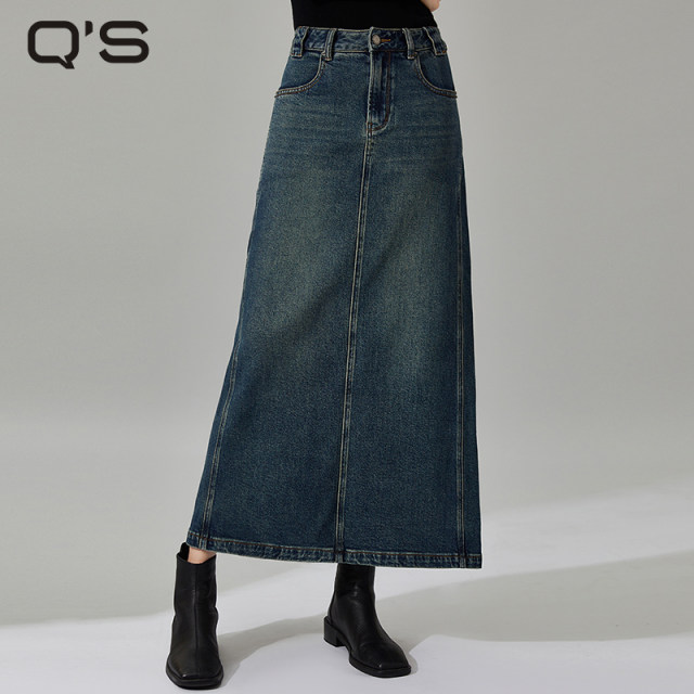 qs 秸hee autumn and winter new retro washed distressed denim skirt with back slit mid-length high-waisted slim skirt for women